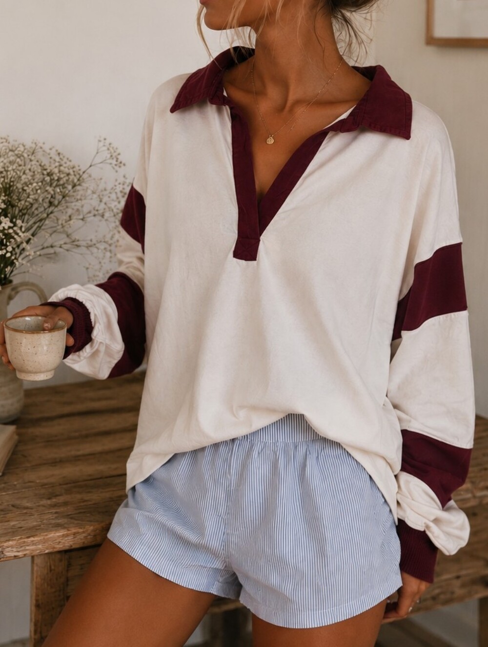 Urban Rebel Rugby Shirt Oversized Burgundy Stripe Cotton Coastal Prep Oversized